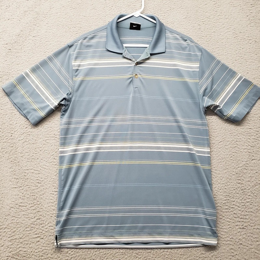 Nike Shirt Mens Medium Blue Striped Golf Fit Dry Outdoors Swoosh Logo Casual